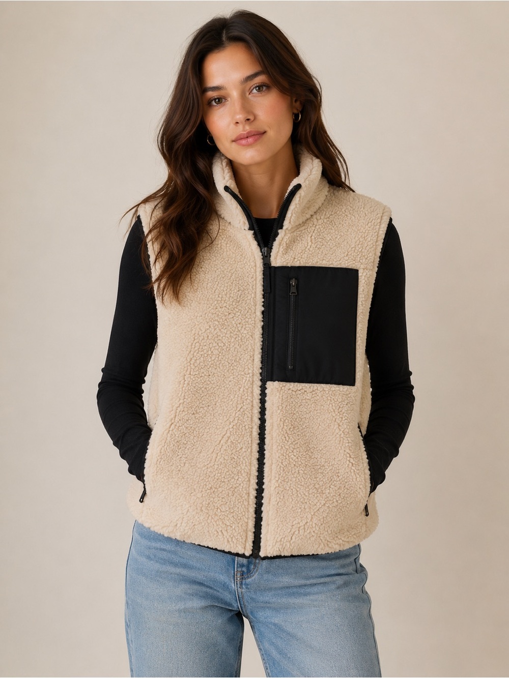 Adrienne Landau Cream Sherpa Vest with Black Chest Pocket